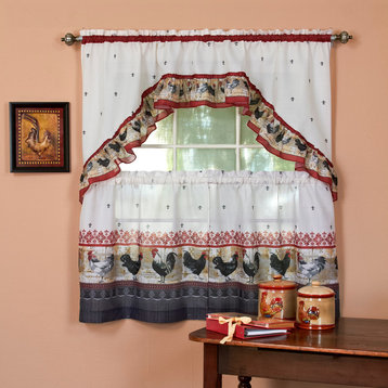 Rooster, Printed Tier and Swag Window Curtain Set, 57"x36", Burgundy