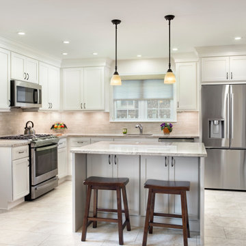 Bright Transitional Kitchen Remodel | Soft White Cabinets, Quartz Countertops