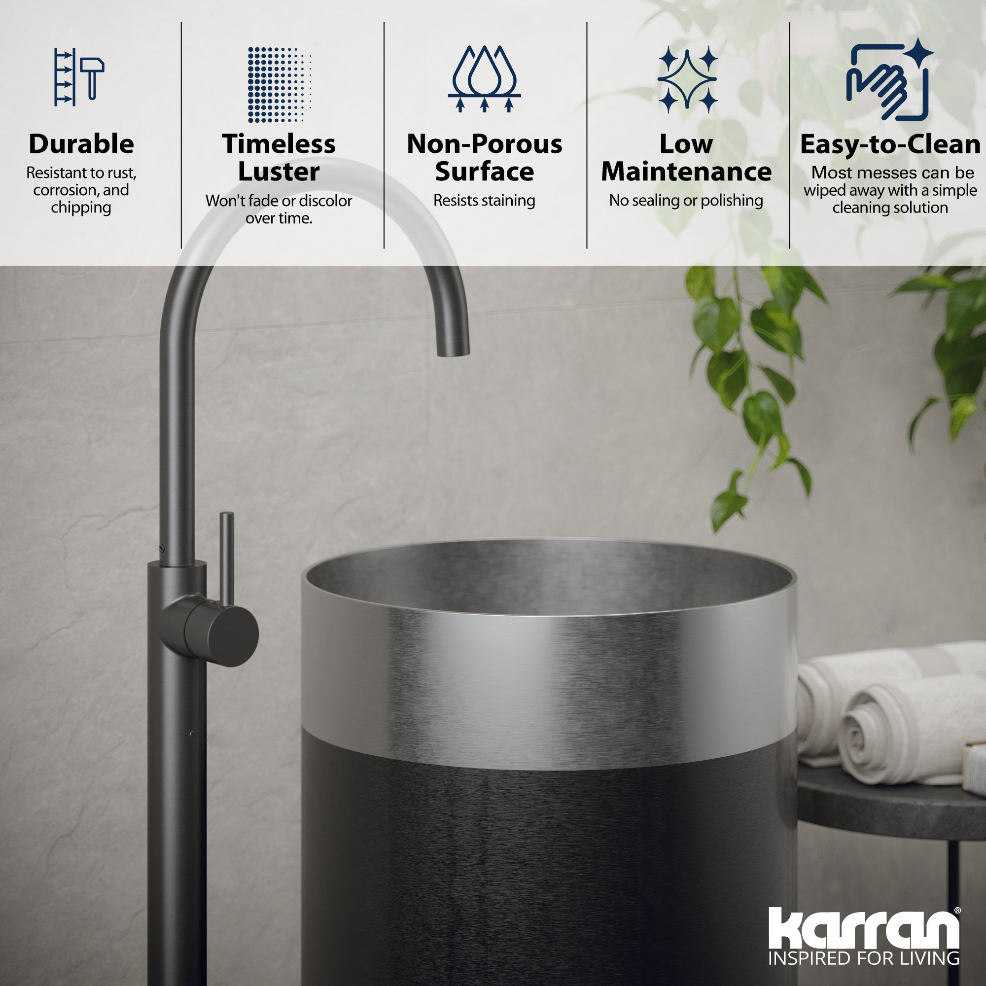 Karran Cinox Stainless Steel Round Pedestal Sink, Stainless Steel and Gunmetal Grey