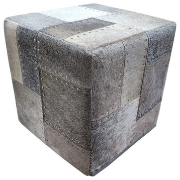 Hair on Hide Cube Pouf, Grey - Studs