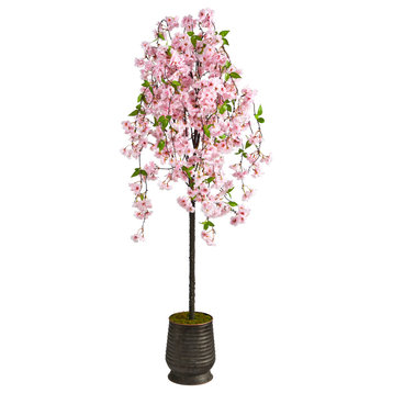 6' Cherry Blossom Artificial Tree, Ribbed Metal Planter