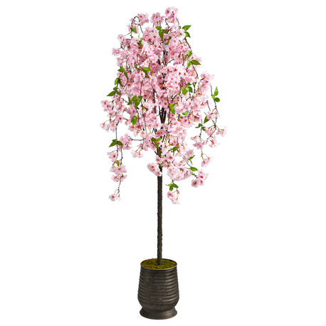 6' Cherry Blossom Artificial Tree, Ribbed Metal Planter