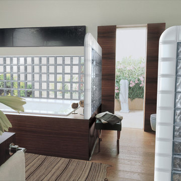 Glass block shower walls with frosted and 3D Textrured glass blocks