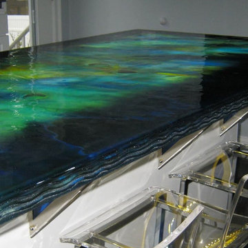 Nahant "Deep ocean" kitchen island glass countertop