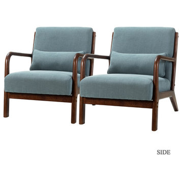 Upholstered Accent Armchair With Wood Base Set of 2, Blue