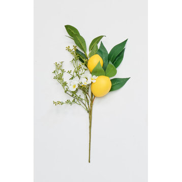 16" Lemon, Green Leaves And White Flowers Spray, Set Of 3