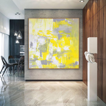 48x48 IN yellow white abstract Art oversized Modern Painting - Sunset Glow