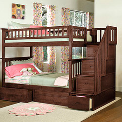 Columbia Antique Walnut Twin over Twin Staircase Bunk Bed with Flate Panel Stora - Bunk Beds