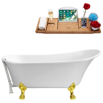 67" Soaking Clawfoot Tub With External Drain, White/Gold/Chrome