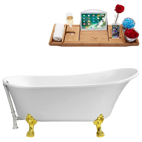 67" Soaking Clawfoot Tub With External Drain, White/Gold/Chrome