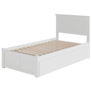 Traditional Platform Bed, White Wooden Frame With 2 Drawers, Twin Size