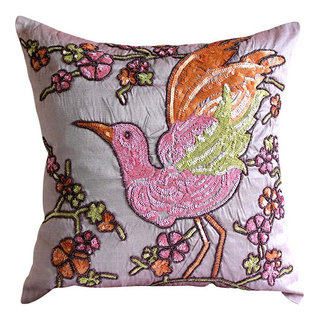 Bird Embroidered Throw Pillows Covers 18x18 Handmade Floral Pattern Square  Lumbar Pillow Cases Home Decor Chic Accents Couch Sofa 