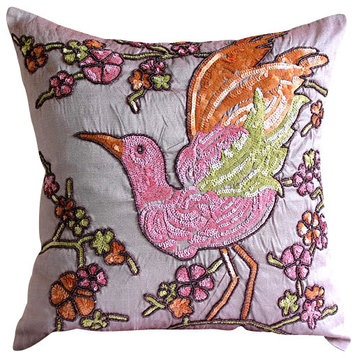 Colorful Bird Pink Cushion Covers, Art Silk Pillow Covers 16x16, Colorful Birdy