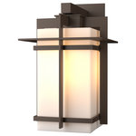Hubbardton Forge - Tourou Downlight Large Outdoor Sconce, Coastal Bronze Finish, Opal Glass - Although the design is in honor of traditional Japanese stone lanterns, our Tourou Outdoor Sconce is much easier to mount on the outside of your home or business. Metals bands crisscross and hug the square glass tube for design flare.