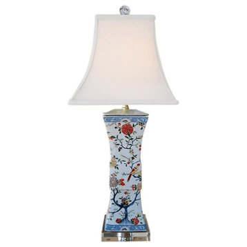 Chinese Porcelain Square Vase Table Lamp, Bird Floral Motif, 28"