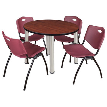 Kee 36" Round Breakroom Table, Cherry/Chrome and 4 "M" Stack Chairs, Burgundy