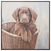 Chocolate Lab Puppy; Hand Painted Chocolate Lab Pup On Canvas, Mahogany Frame.