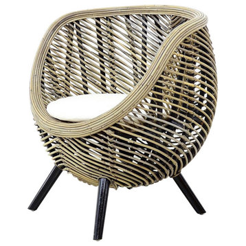 Benzara BM285199 27" Accent Chair, Rattan Frame, Curved Round, Brown, Black