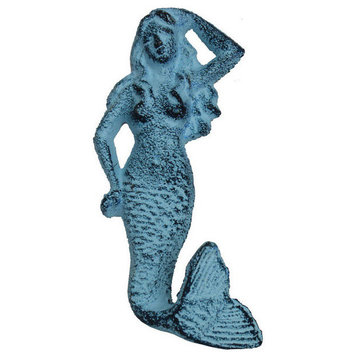 Rustic Light Blue Whitewashed Cast Iron Mermaid Hook 6'', Mermaid Decor