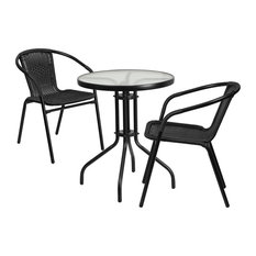 23.75'' Round Glass Metal Table With 2 Black Rattan Stack Chairs