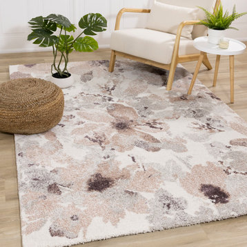 Sutton Collection Cream Gray Pink Flowers Rug, 5'3"x7'7"