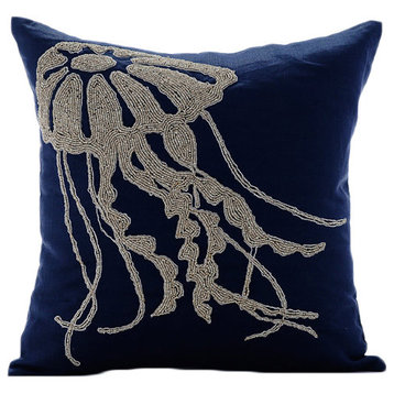 Blue Art Silk Sequins & Beaded Bird Pillows Cover, Birdy Flight, 14. Navy Blue (Jelly Fish at the Shore), 14"x14"