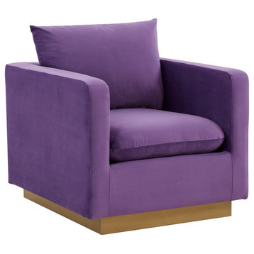 LeisureMod Nervo Modern Velvet Accent Arm Chair With Gold Base, Purple