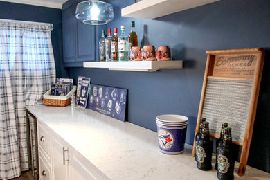 Example of a mid-sized transitional look-out vinyl floor basement design in Other with blue walls