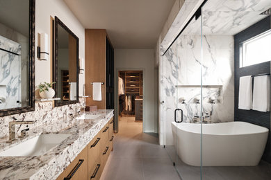 Bathroom - contemporary porcelain tile double-sink bathroom idea in Sacramento with an undermount sink