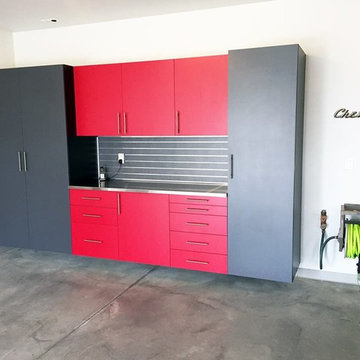 Garage Cabinets - gray with red accents
