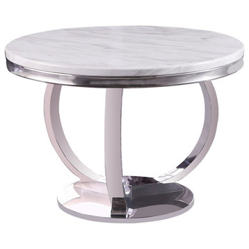 Layla White Modern Faux Marble Round Dining Table with Silver Base