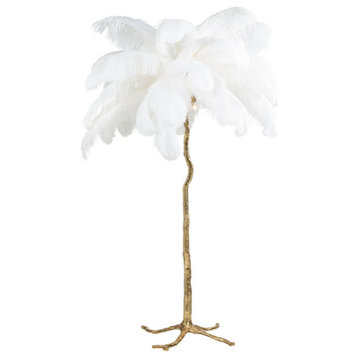 Akari White Ostrich Feather Copper Base Floor Lamp