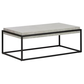 Modern Coffee Table, Open Metal Frame With Thick Faux Concrete Top, Black/Gray