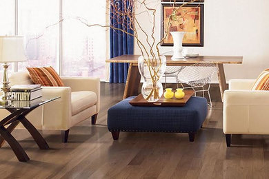 Example of a mid-sized trendy open concept dark wood floor family room design in Orange County with white walls