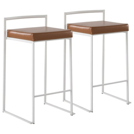 Fuji Stacker Counter Stool, Set of 2, White Steel, Camel Pu