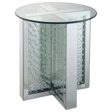 Elegant End Table, Mirrored Crossed Base With Faux Crystal Accents & Glass Top