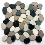 CNK Tile - Sliced Mixed 4 Colours Pebble Tile - Each pebble is carefully selected and hand-sorted according to color, size and shape in order to ensure the highest quality pebble tile available. The stones are attached to a sturdy mesh backing using non-toxic, environmentally safe glue. Because of the unique pattern in which our tile is created they fit together seamlessly when installed so you can't tell where one tile ends and the next begins!