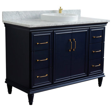 49" Single Sink Vanity, Blue Finish With White Carrara Marble and Round Sink