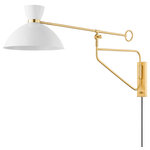 Hudson Valley - Cranbrook 1-Light Portable Wall Sconce, Aged Brass/Soft White - This portable wall sconce is functional—it has a full-range dimmer and pivots at two points  extending the fixture from the wall and adjusting the height of the Soft White or Black shade. It is also beautiful with metal details  slender curved arms and an Aged Brass band that transforms what would be a traditional dome shade into a pretty hourglass silhouette.