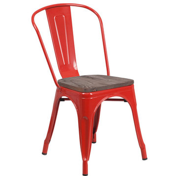 Red Metal Stackable Chair With Wood Seat