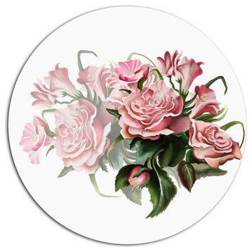 Pink Rose Bouquet Watercolor, Modern Floral Round Wall Art, 11"