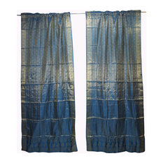 Mogul Interior - 2 Blue Sheer Sari Curtain Rod Pocket Design Drape 96X44 - Curtains