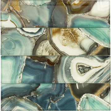 3"x12" Magical Forest Glossy Glass Tile, Crystal Lagoon Aqua, Set of 15