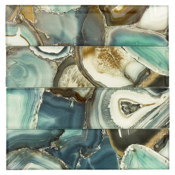 3"x12" Magical Forest Glossy Glass Tile, Crystal Lagoon Aqua, Set of 15