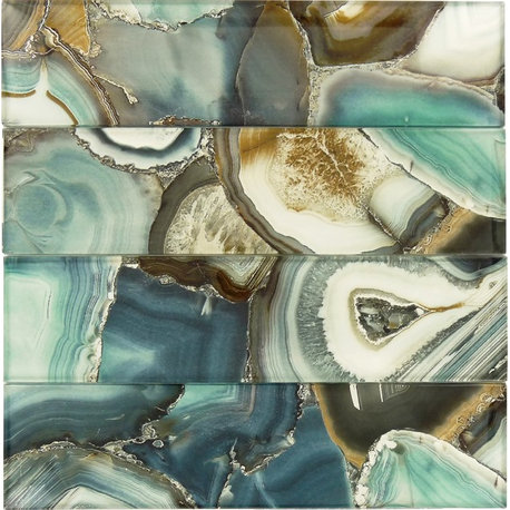 3"x12" Magical Forest Glossy Glass Tile, Crystal Lagoon Aqua, Set of 15