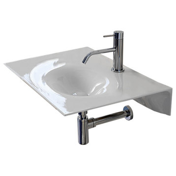 Ultra Thin Rectangular White Ceramic Wall Mounted Sink, One Hole