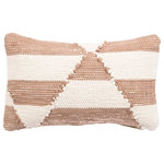 Jaipur Living - Nikki Chu by Jaipur Living Tanis Cream/Pink Geometric Poly Throw Pillow 16x24" - This lumbar throw pillow designed by Nikki Chu showcases a unique geometric design and intricate detailing. Lapped seams add texture to this wool and cotton blend accent, while bold ochre yellow and white hues adorn the duo-toned pattern. Gold metallic pieces woven throughout the front of this plush piece lend an edgy touch.