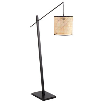 Arturo Contemporary Floor Lamp, Black Wood/Black Steel With Rattan Shade