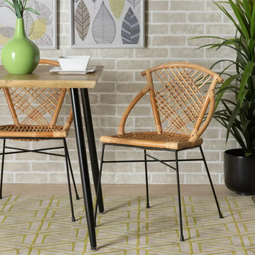 Set of 2 Dining Chair, Metal Frame With Rattan Seat & Unique Backrest, Natural