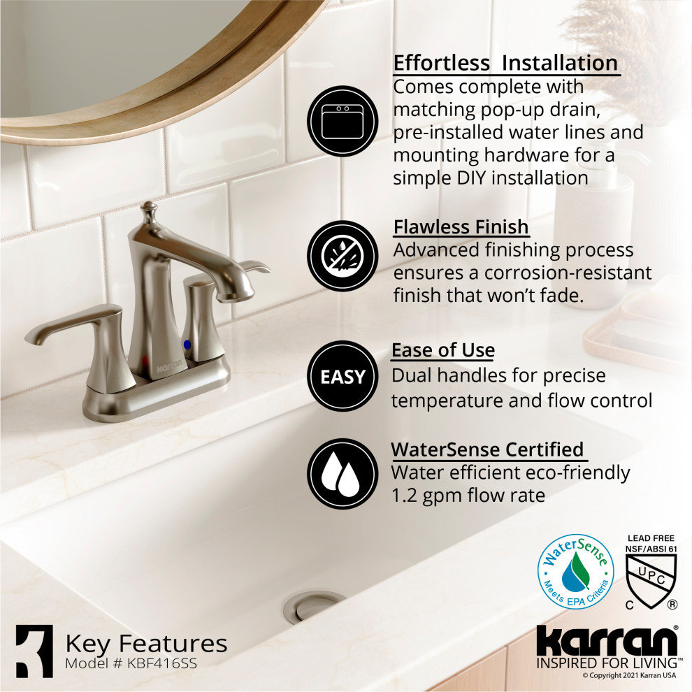 Karran 2-Hole 2-Handle Bathroom Faucet With Pop-Up Drain, Stainless Steel